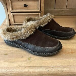 BOC Leather Suede Clogs Faux Fur Lined Brown Size 9